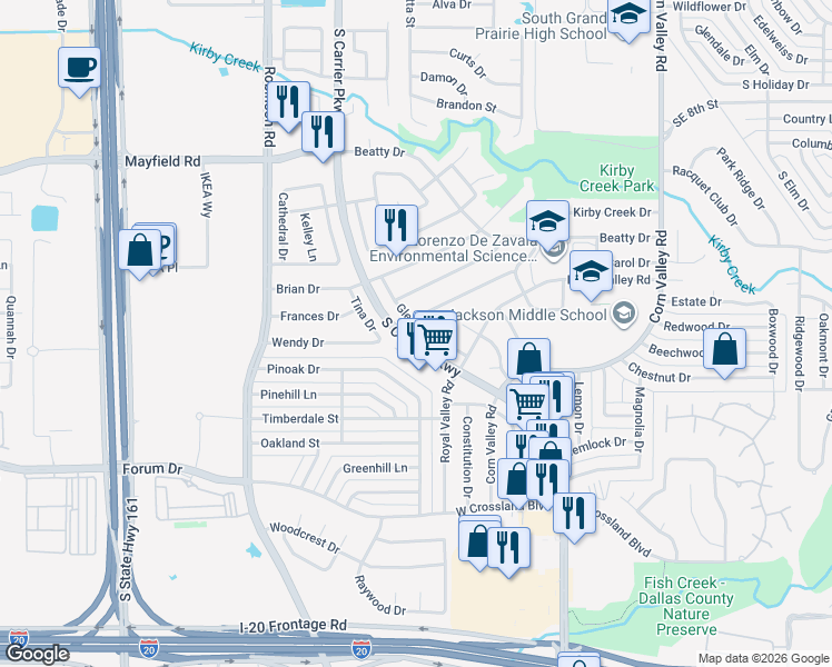 map of restaurants, bars, coffee shops, grocery stores, and more near 3502 Glenda Drive in Grand Prairie