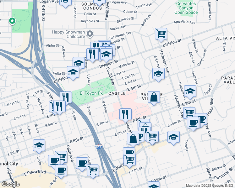 map of restaurants, bars, coffee shops, grocery stores, and more near 404 Euclid Avenue in National City
