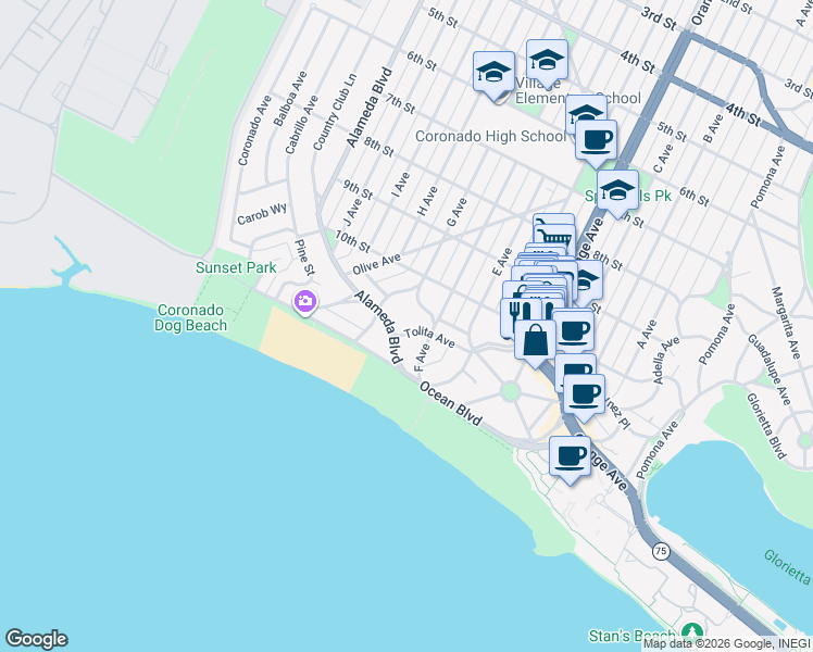 map of restaurants, bars, coffee shops, grocery stores, and more near 717 Tolita Avenue in Coronado