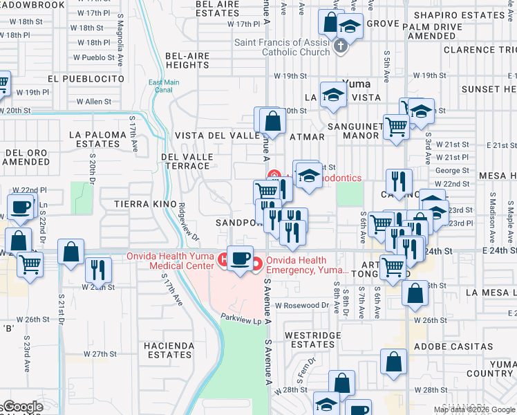 map of restaurants, bars, coffee shops, grocery stores, and more near 2363 S 14th Ave in Yuma