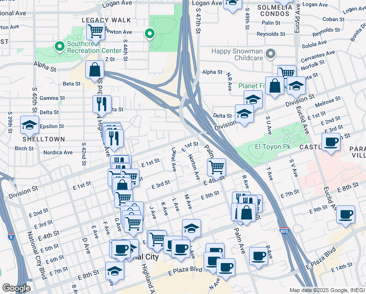 map of restaurants, bars, coffee shops, grocery stores, and more near 1439 East 1st Street in National City