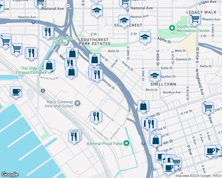 map of restaurants, bars, coffee shops, grocery stores, and more near 3665 Dalbergia Street in San Diego