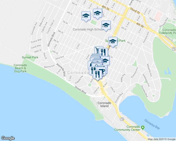 map of restaurants, bars, coffee shops, grocery stores, and more near 924 10th Street in Coronado