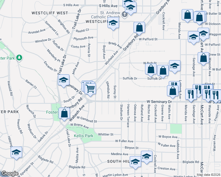 map of restaurants, bars, coffee shops, grocery stores, and more near 4217 Standish Road in Fort Worth