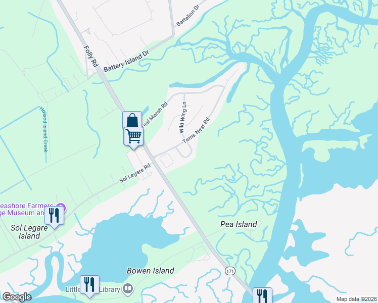 map of restaurants, bars, coffee shops, grocery stores, and more near 2021 Covey Lane in Charleston