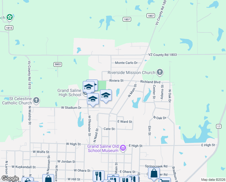 map of restaurants, bars, coffee shops, grocery stores, and more near 1007 Riveria Drive in Grand Saline