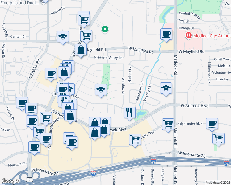 map of restaurants, bars, coffee shops, grocery stores, and more near 1011 Cristopher Court in Arlington