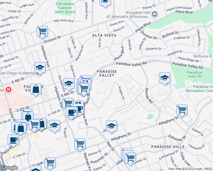 map of restaurants, bars, coffee shops, grocery stores, and more near 819 Ethel Place in National City
