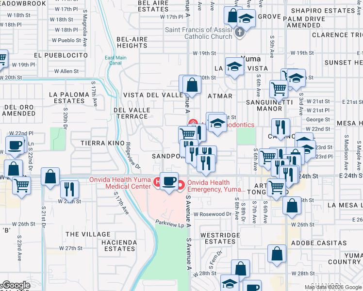 map of restaurants, bars, coffee shops, grocery stores, and more near 2363 S 14th Ave in Yuma