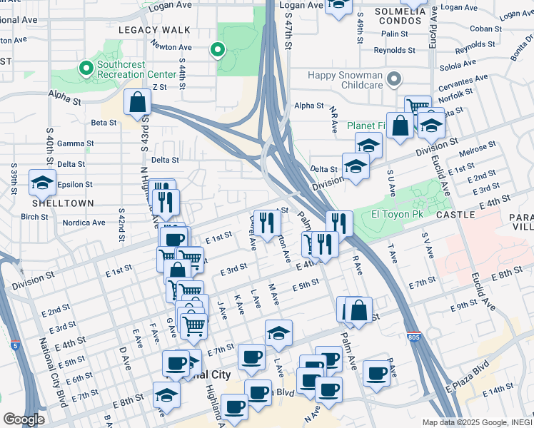 map of restaurants, bars, coffee shops, grocery stores, and more near 1439 East 1st Street in National City