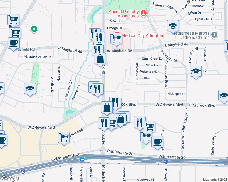map of restaurants, bars, coffee shops, grocery stores, and more near 3601 Chatham Green Lane in Arlington