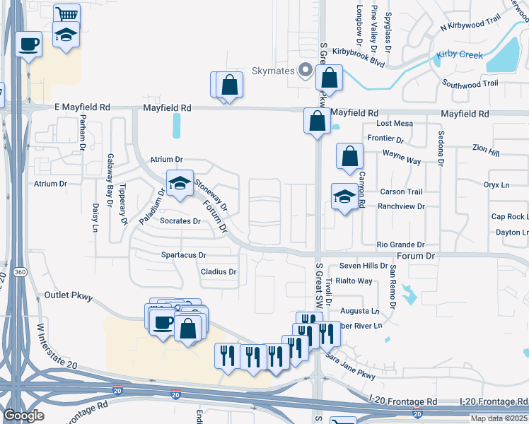 map of restaurants, bars, coffee shops, grocery stores, and more near 2650 Forum Drive in Grand Prairie