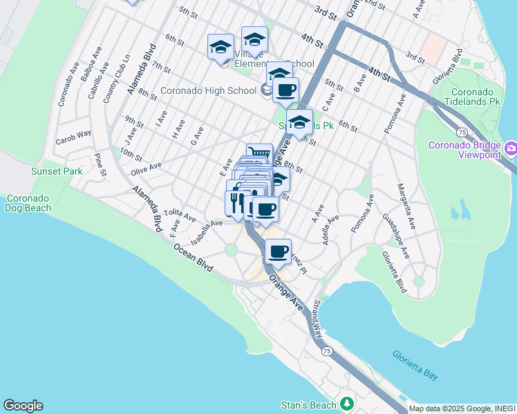 map of restaurants, bars, coffee shops, grocery stores, and more near in Coronado