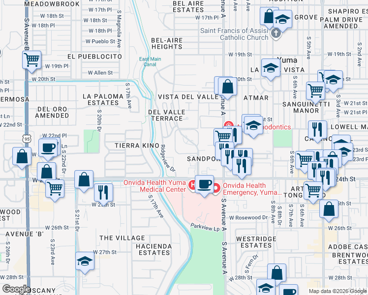 map of restaurants, bars, coffee shops, grocery stores, and more near 2240 South Elks Lane in Yuma
