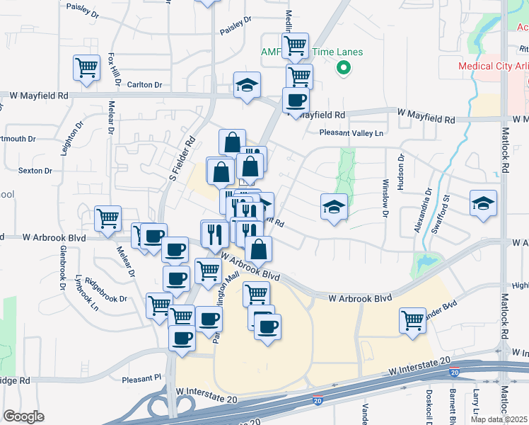map of restaurants, bars, coffee shops, grocery stores, and more near 3636 Brookridge Drive in Arlington