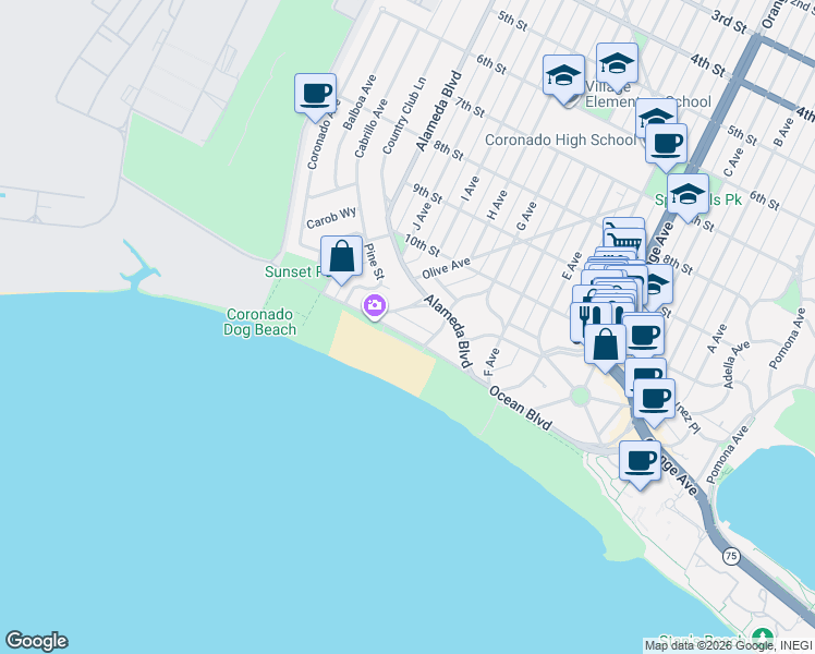 map of restaurants, bars, coffee shops, grocery stores, and more near 535 Ocean Boulevard in Coronado