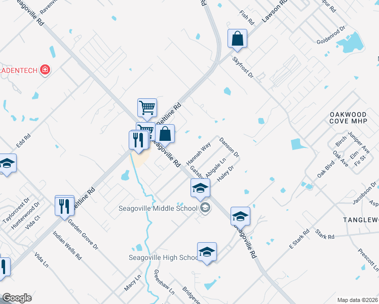map of restaurants, bars, coffee shops, grocery stores, and more near 15411 Seagoville Road in Dallas
