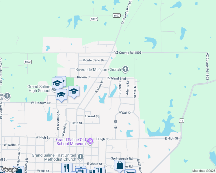 map of restaurants, bars, coffee shops, grocery stores, and more near 1409 Glenlain Drive in Grand Saline