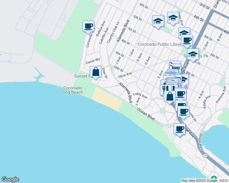 map of restaurants, bars, coffee shops, grocery stores, and more near 535 Ocean Boulevard in Coronado