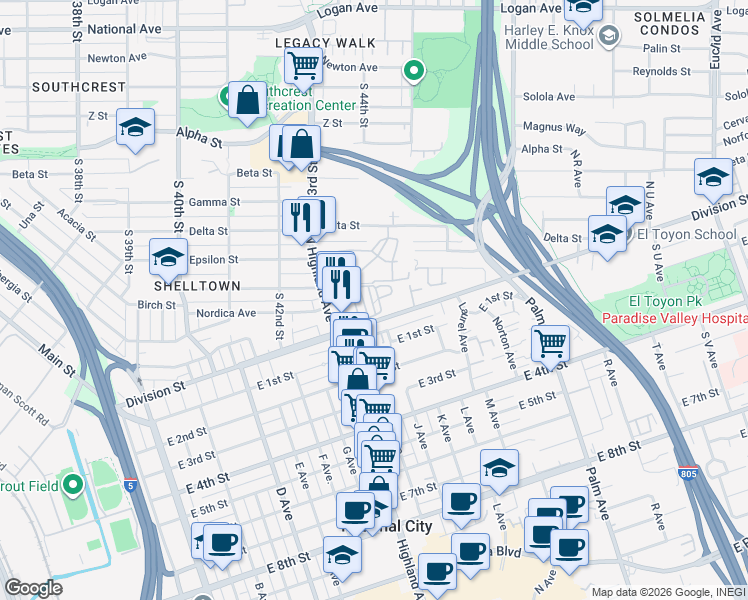 map of restaurants, bars, coffee shops, grocery stores, and more near 1346 Fig Court in National City