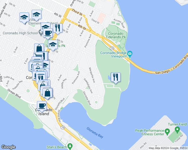 map of restaurants, bars, coffee shops, grocery stores, and more near 701 Margarita Avenue in Coronado