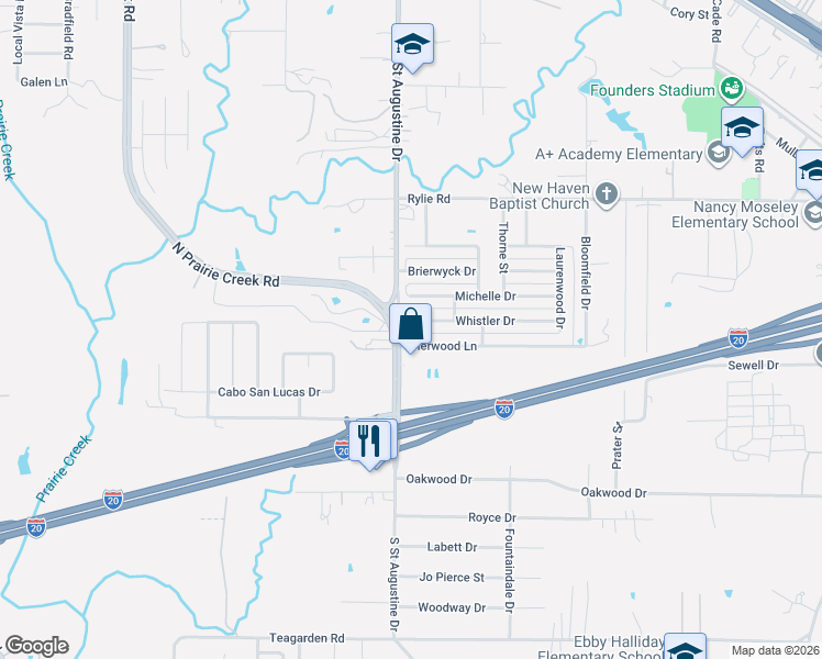 map of restaurants, bars, coffee shops, grocery stores, and more near 9602 Whistler Drive in Dallas