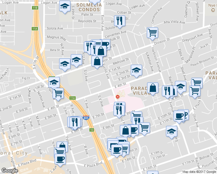 map of restaurants, bars, coffee shops, grocery stores, and more near 2331 East 4th Street in National City