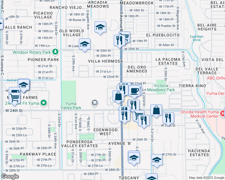 map of restaurants, bars, coffee shops, grocery stores, and more near 2350 South Avenue B in Yuma