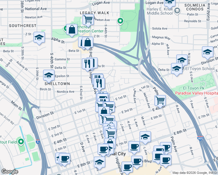 map of restaurants, bars, coffee shops, grocery stores, and more near 1346 Fig Court in National City