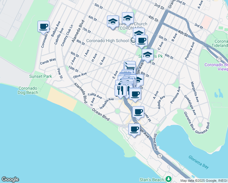 map of restaurants, bars, coffee shops, grocery stores, and more near 924 10th Street in Coronado