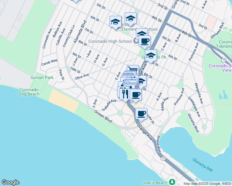 map of restaurants, bars, coffee shops, grocery stores, and more near 924 10th Street in Coronado