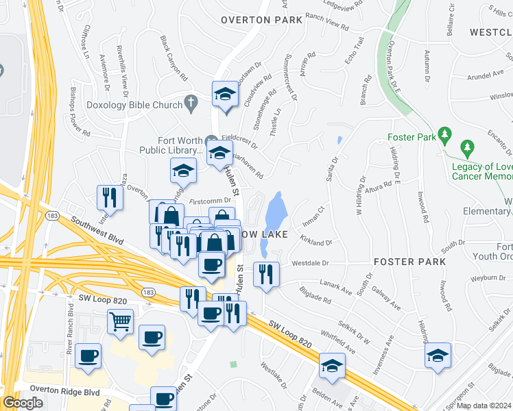 map of restaurants, bars, coffee shops, grocery stores, and more near 4137 South Hulen Street in Fort Worth