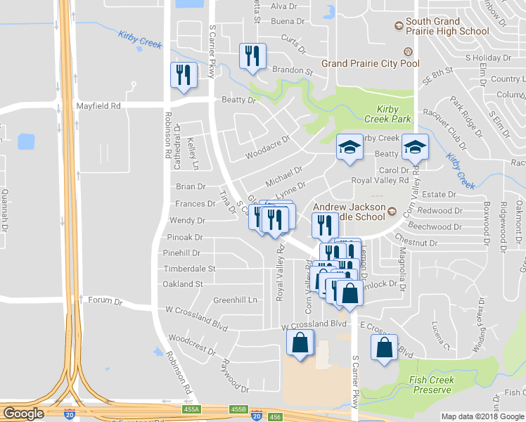 map of restaurants, bars, coffee shops, grocery stores, and more near 3506 Glenda Drive in Grand Prairie