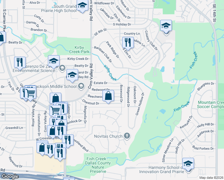 map of restaurants, bars, coffee shops, grocery stores, and more near 618 Redwood Drive in Grand Prairie
