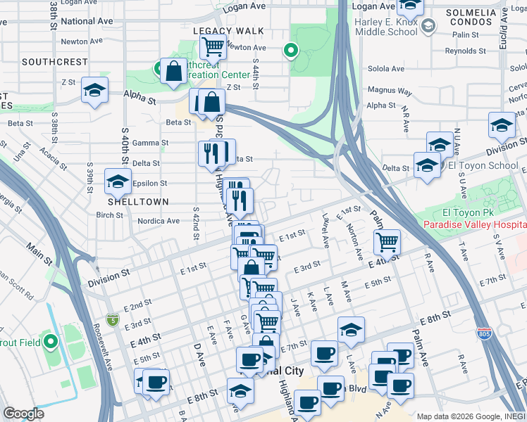 map of restaurants, bars, coffee shops, grocery stores, and more near 1346 Fig Court in National City