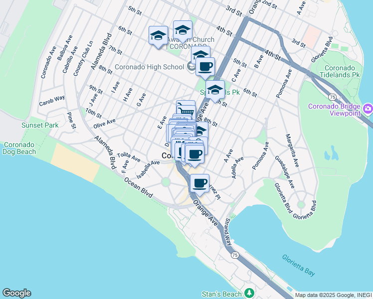 map of restaurants, bars, coffee shops, grocery stores, and more near 926 C Avenue in Coronado