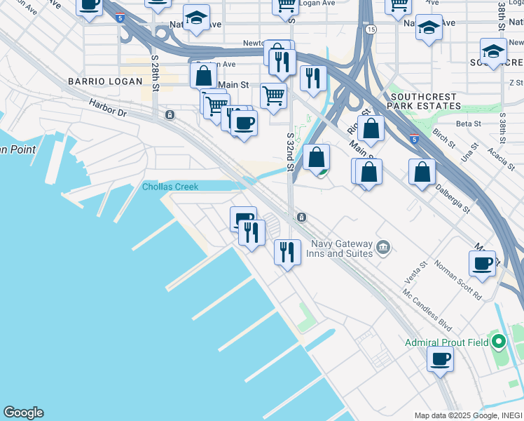 map of restaurants, bars, coffee shops, grocery stores, and more near 3101 East Harbor Drive in San Diego