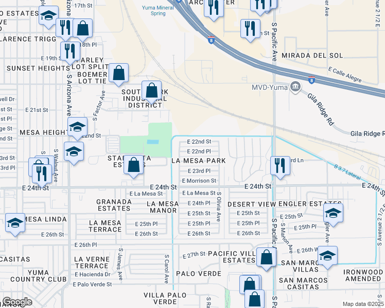 map of restaurants, bars, coffee shops, grocery stores, and more near 1397 East 22nd Place in Yuma
