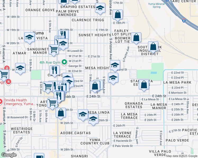 map of restaurants, bars, coffee shops, grocery stores, and more near 2265 South Maple Avenue in Yuma