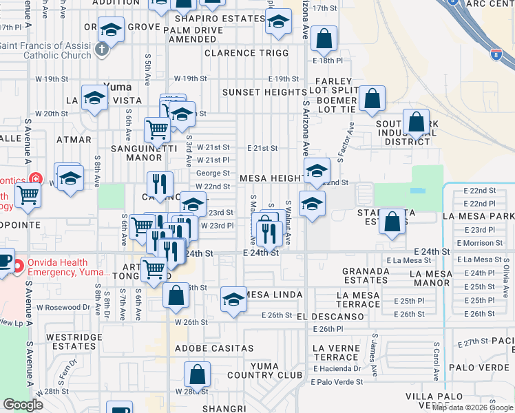 map of restaurants, bars, coffee shops, grocery stores, and more near 2265 South Madison Avenue in Yuma