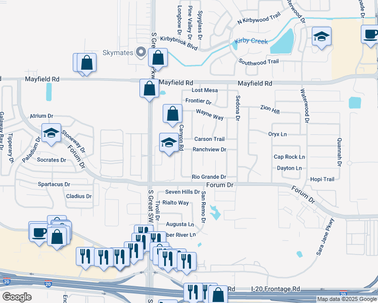 map of restaurants, bars, coffee shops, grocery stores, and more near 3503 Tamarack Drive in Grand Prairie