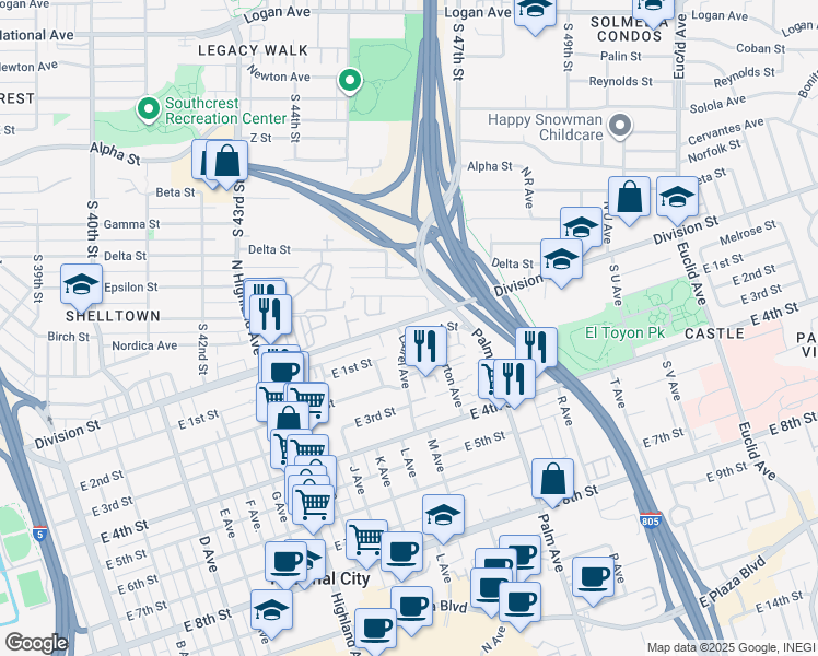 map of restaurants, bars, coffee shops, grocery stores, and more near 1314 Division Street in National City