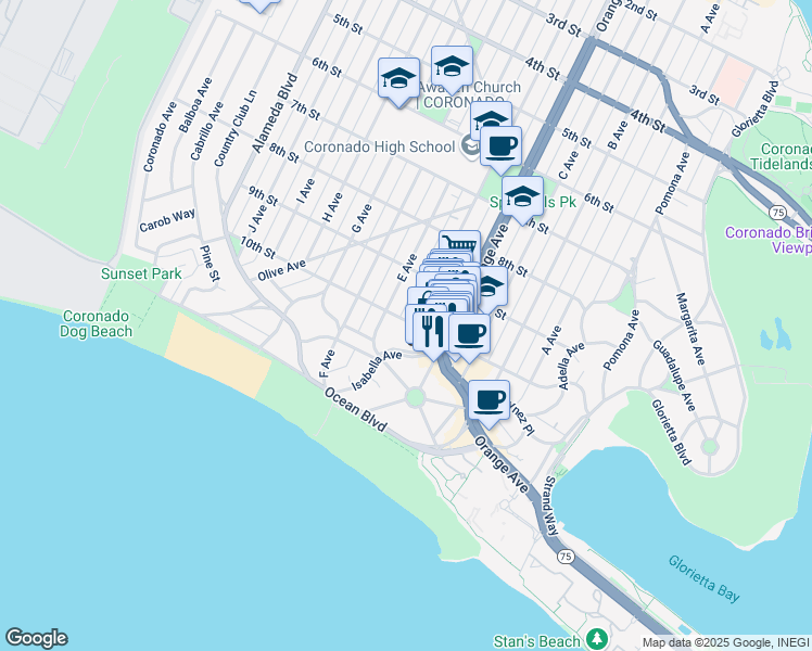 map of restaurants, bars, coffee shops, grocery stores, and more near 924 10th Street in Coronado