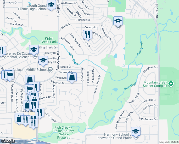 map of restaurants, bars, coffee shops, grocery stores, and more near 3626 Ridgewood Drive in Grand Prairie
