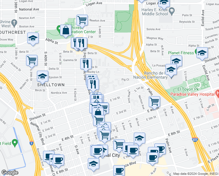 map of restaurants, bars, coffee shops, grocery stores, and more near 1346 Fig Court in National City