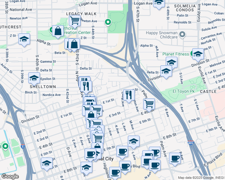 map of restaurants, bars, coffee shops, grocery stores, and more near 1235 Division Street in San Diego