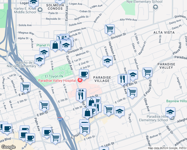 map of restaurants, bars, coffee shops, grocery stores, and more near 2621 Hill Drive in National City