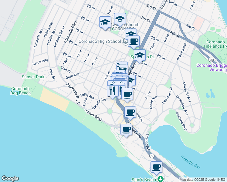 map of restaurants, bars, coffee shops, grocery stores, and more near 1013 10th Street in Coronado