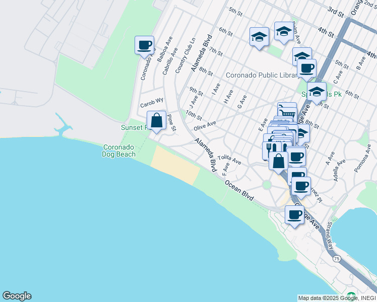 map of restaurants, bars, coffee shops, grocery stores, and more near 535 Ocean Boulevard in Coronado