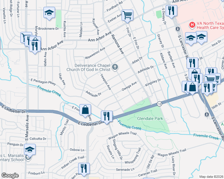 map of restaurants, bars, coffee shops, grocery stores, and more near 1402 Adelaide Drive in Dallas